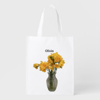 Custom Name Pretty Floral Yellow Freesias Grocery Bag
