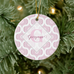 Custom Name Pretty Pink 70s Confetti Lace Mandala Ceramic Ornament
