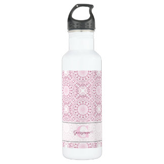 Custom Name Pretty Pink Confetti Lace Mandala Tile Stainless Steel Water Bottle