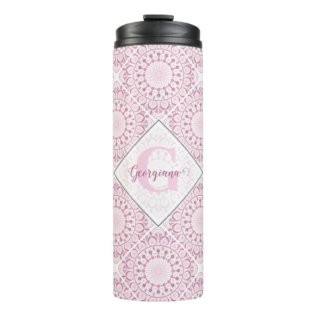 Custom Name Pretty Pink Confetti Lace Mandala Tile Thermal Tumbler (Front)