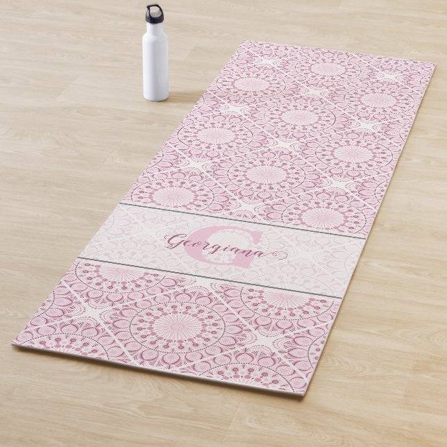 Custom Name Pretty Pink Confetti Lace Mandala Tile Yoga Mat (In Situ)