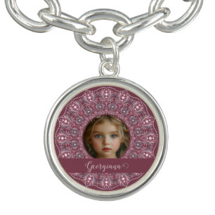 Custom Name Pretty Pink Floral Mandala Photo Frame Bracelet