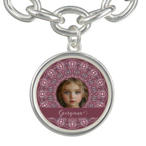 Custom Name Pretty Pink Floral Mandala Photo Frame Bracelet