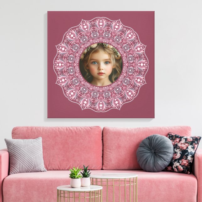 Custom Name Pretty Pink Floral Mandala Photo Frame Canvas Print (Insitu(LivingRoom))