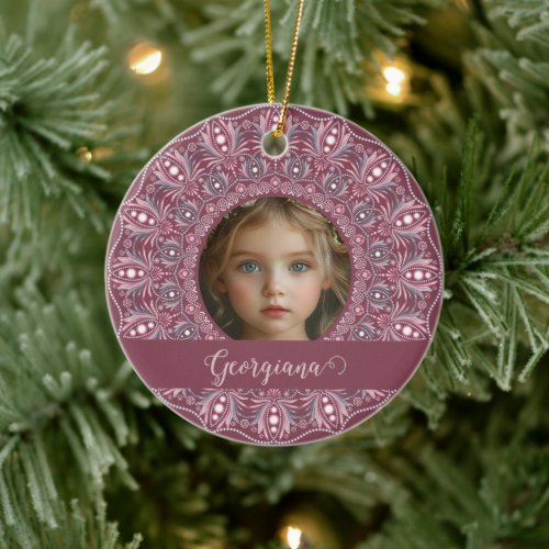 Custom Name Pretty Pink Floral Mandala Photo Frame Ceramic Ornament