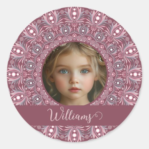 Custom Name Pretty Pink Floral Mandala Photo Frame Classic Round Sticker