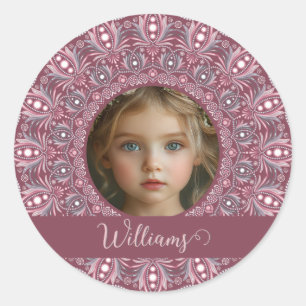 Custom Name Pretty Pink Floral Mandala Photo Frame Classic Round Sticker