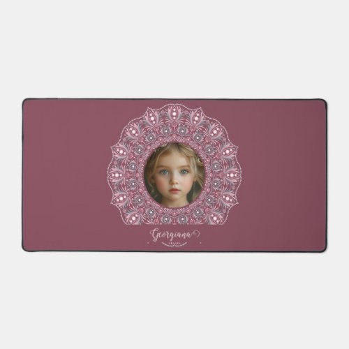 Custom Name Pretty Pink Floral Mandala Photo Frame Desk Mat