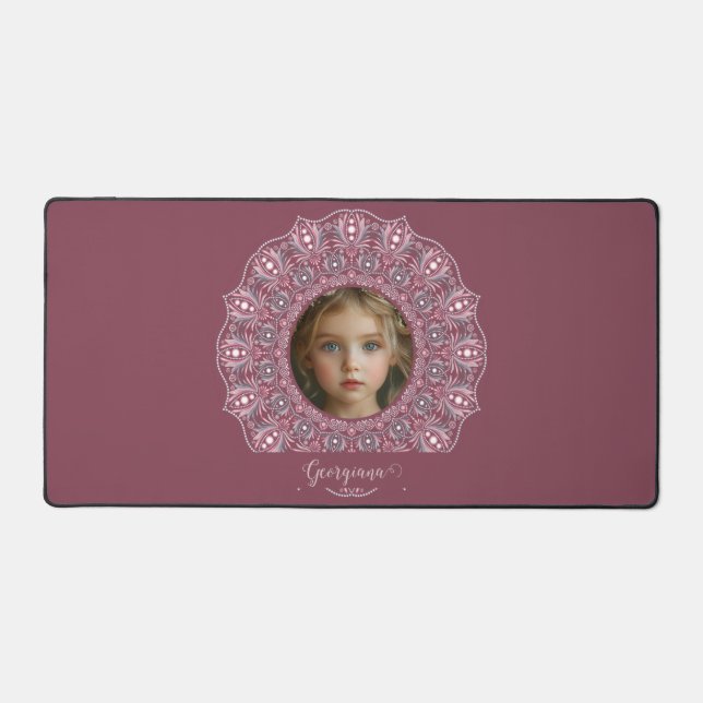 Custom Name Pretty Pink Floral Mandala Photo Frame Desk Mat (Front)