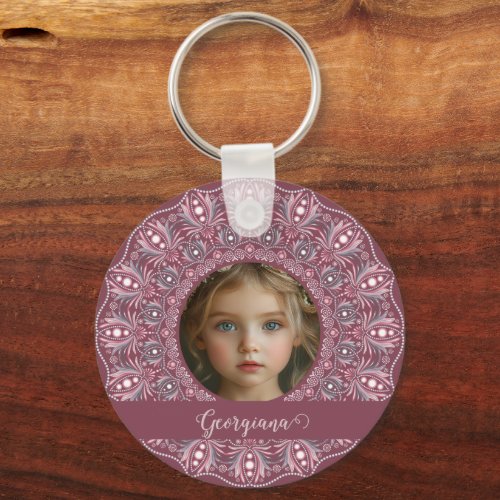 Custom Name Pretty Pink Floral Mandala Photo Frame Keychain
