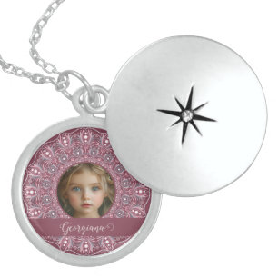 Custom Name Pretty Pink Floral Mandala Photo Frame Locket Necklace