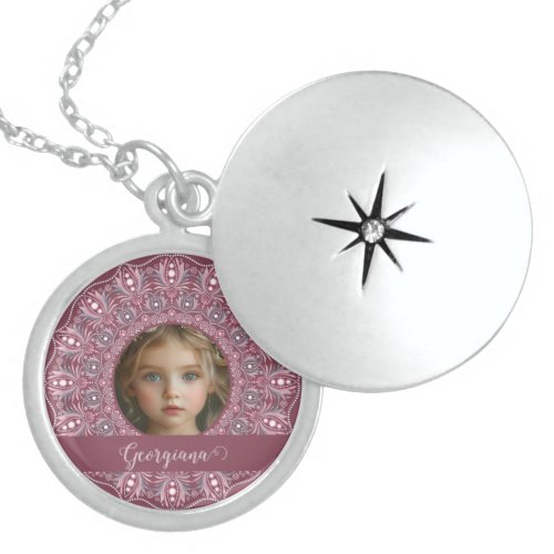 Custom Name Pretty Pink Floral Mandala Photo Frame Locket Necklace