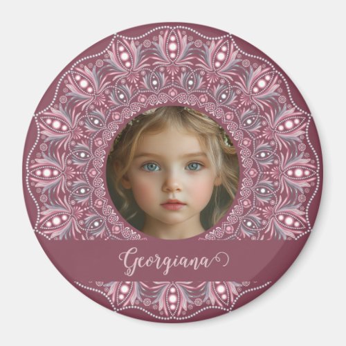 Custom Name Pretty Pink Floral Mandala Photo Frame Magnet