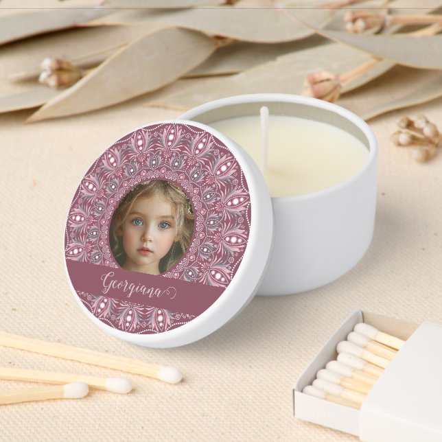 Custom Name Pretty Pink Floral Mandala Photo Frame Mini Candle Favors (Insitu)