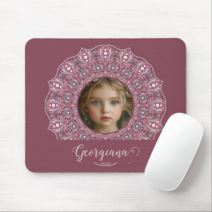Custom Name Pretty Pink Floral Mandala Photo Frame Mouse Pad