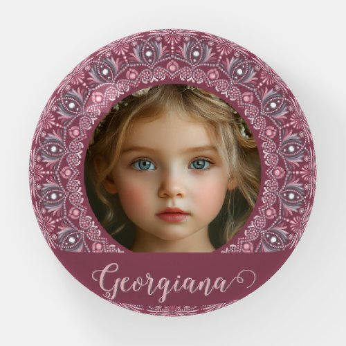 Custom Name Pretty Pink Floral Mandala Photo Frame Paperweight