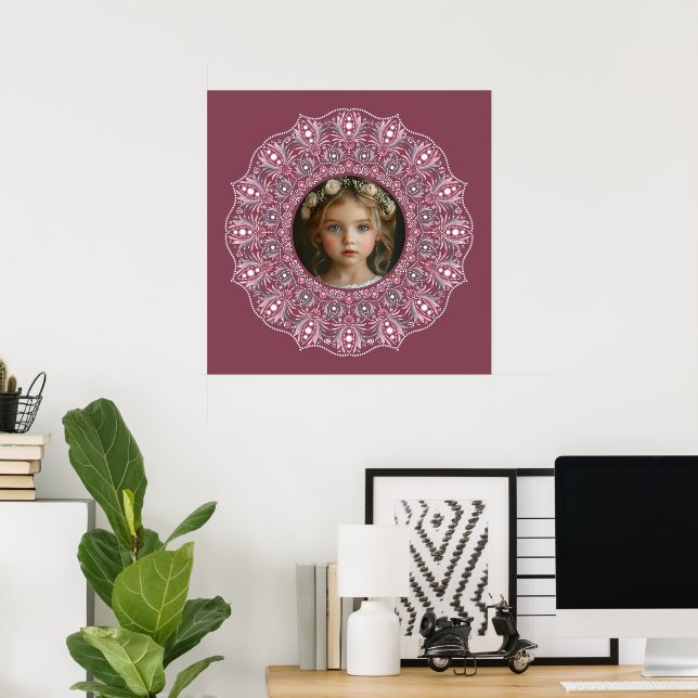 Custom Name Pretty Pink Floral Mandala Photo Frame Poster (Home Office)