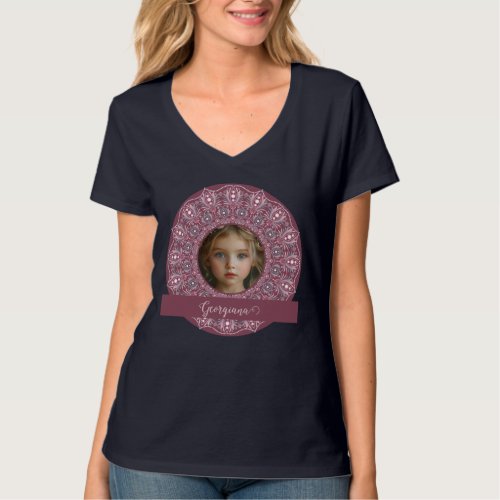 Custom Name Pretty Pink Floral Mandala Photo Frame T-Shirt