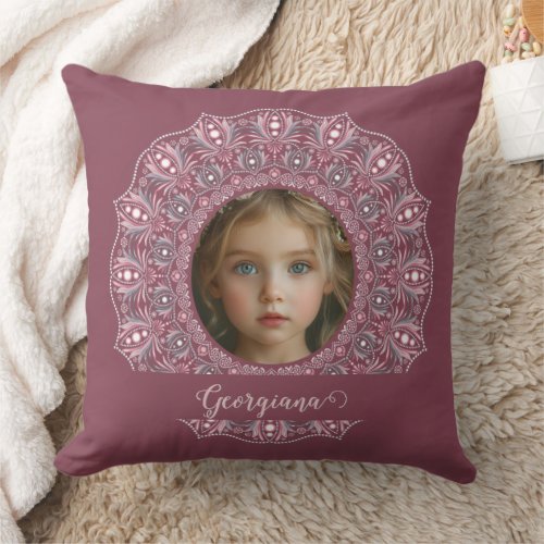 Custom Name Pretty Pink Floral Mandala Photo Frame Throw Pillow