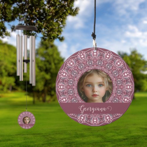 Custom Name Pretty Pink Floral Mandala Photo Frame Wind Chime