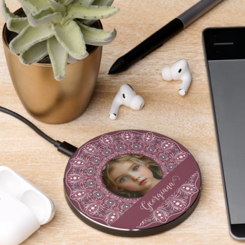 Custom Name Pretty Pink Floral Mandala Photo Frame Wireless Charger