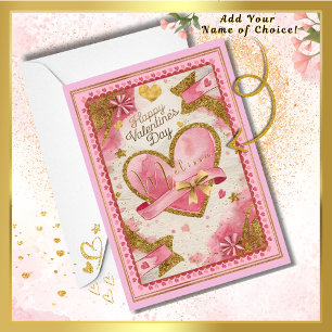 Custom Name Pretty Pink Gold Hearts Valentines Day Card