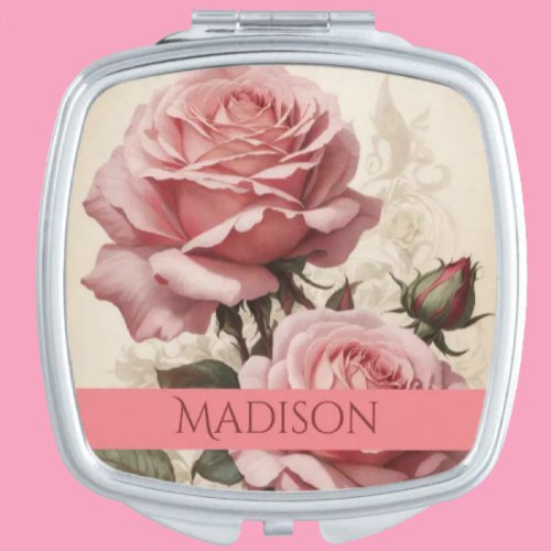 Custom Name Pretty Pink Vintage Roses Compact Mirror