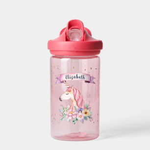 Custom Name Pretty Watercolor Flower Unicorn Water Bottle
