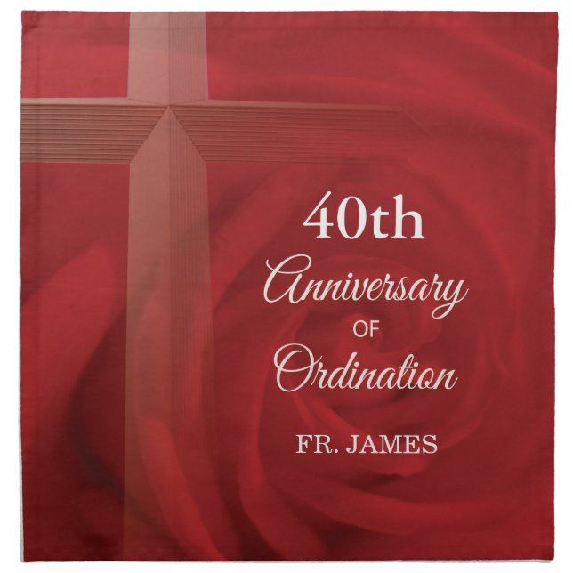 Custom Name Priest Anniversary Ordination Red Rose Cloth Napkin (Front)