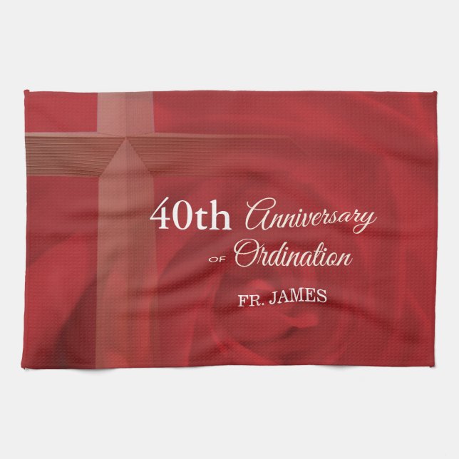 Custom Name Priest Anniversary Ordination Red Rose Kitchen Towel (Horizontal)