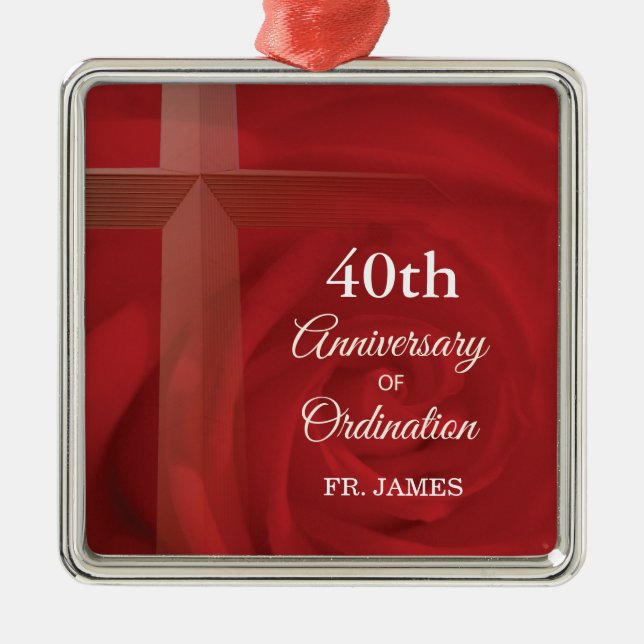 Custom Name Priest Anniversary Ordination Red Rose Metal Ornament (Front)