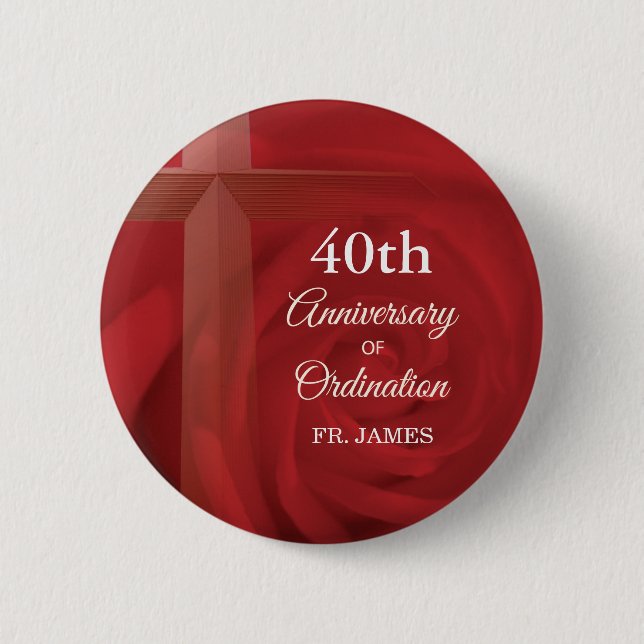 Custom Name Priest Anniversary Ordination Red Rose Pinback Button (Front)