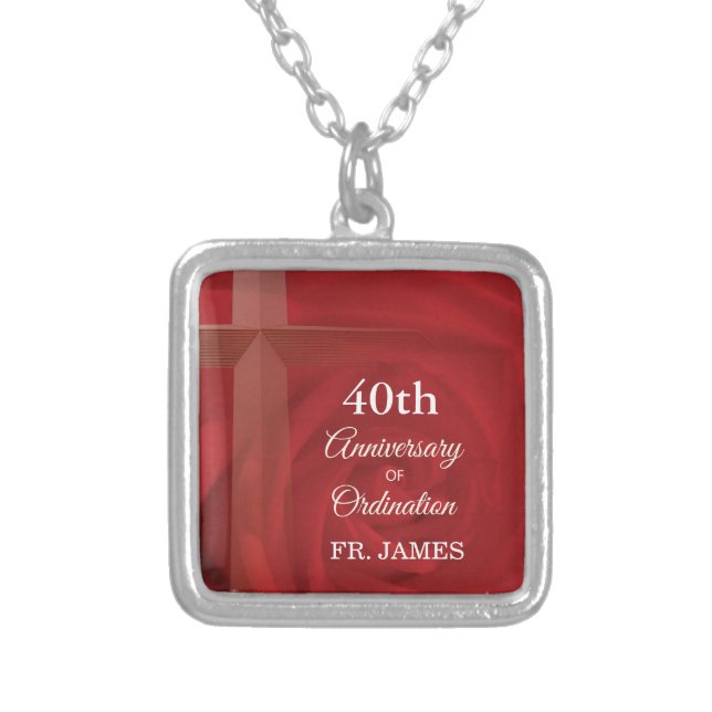 Custom Name Priest Anniversary Ordination Red Rose Silver Plated Necklace (Front)