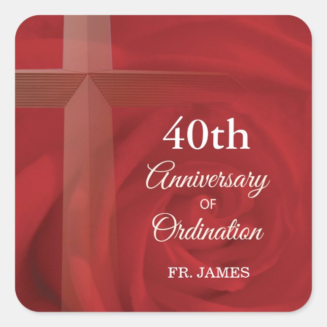 Custom Name Priest Anniversary Ordination Red Rose Square Sticker (Front)