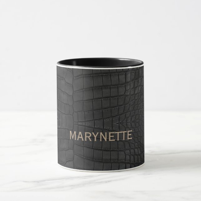 Custom Name Printed Faux Black Crocodile Texture Mug (Center)
