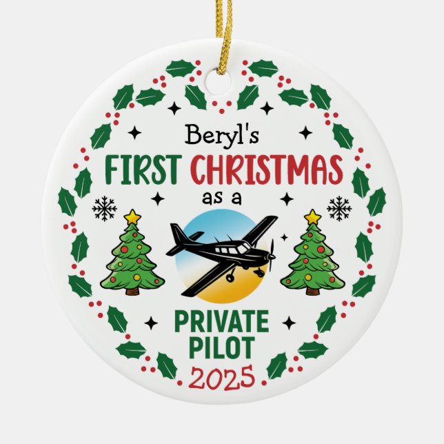Custom Name Private Pilot First Christmas Ceramic Ornament (Front)
