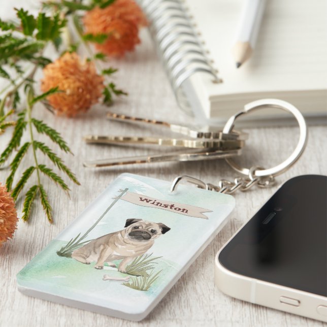 Custom Name Pug Pet Dog Keychain (Front Right)