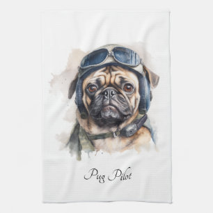 Custom Name Pug Pilot Vintage Aviator Art Towel