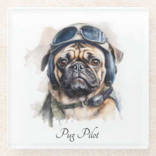 Custom Name Pug Pilot Vintage Aviator Glass Coaster