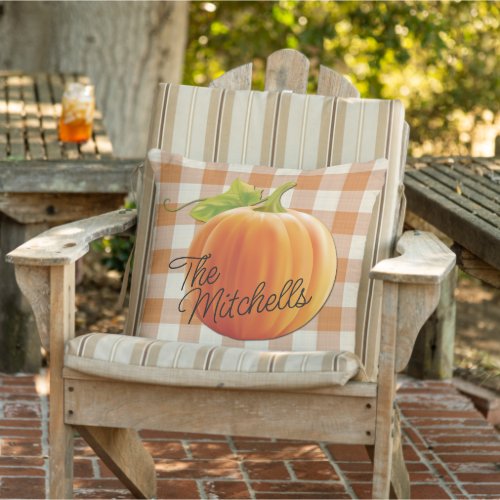 Custom Name Pumpkin Fall Orange Gingham Pattern Outdoor Pillow