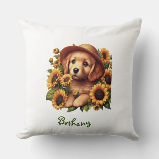 Custom name, Puppy, hat,watercolor sunflowers Throw Pillow
