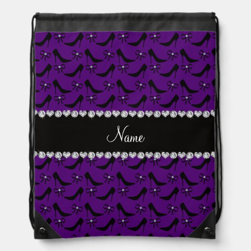 Custom name purple black high heels bow diamond drawstring bag