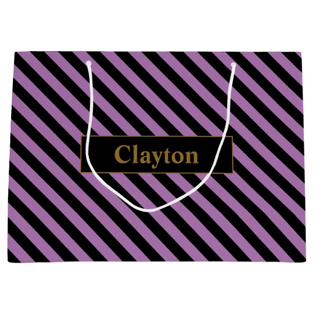 Custom Name Purple/Black Stripes Large Gift Bag (Front)