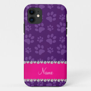 Custom name purple dog paw prints pink stripe iPhone 11 case