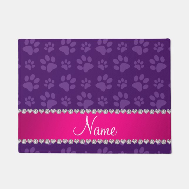 Custom name purple dog paw prints pink stripe doormat (Front)