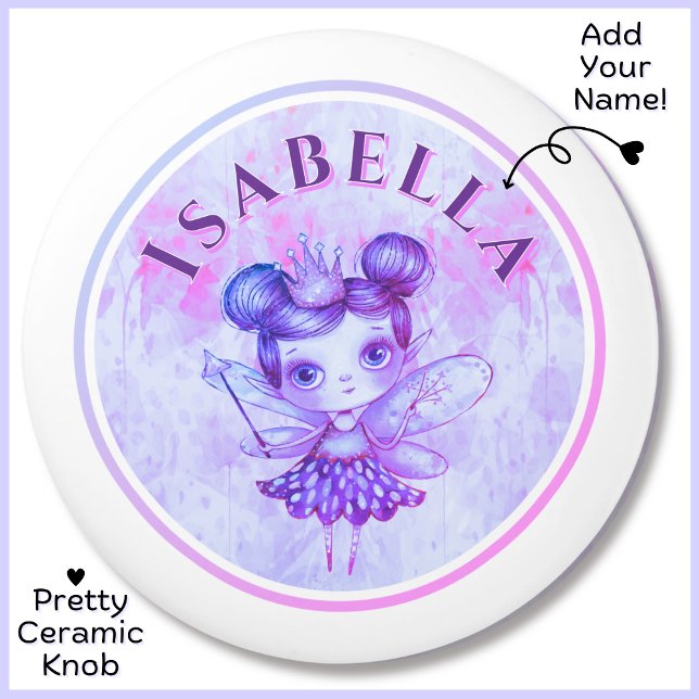Custom Name Purple Fairy Princess Ceramic Knob (Add Your Name to this Ceramic Knob. Cute Girly Gift for Girls Who Love Fairies & the Color Purple!)