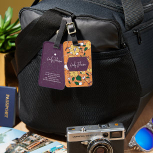Custom Name Purple Floral Outline Luggage Tag