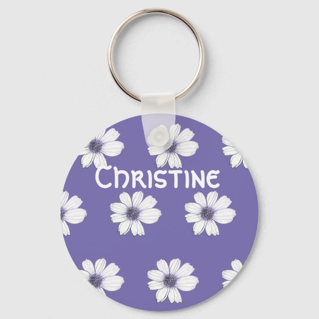 Custom Name Purple flower pattern Button Key Ring (Front)