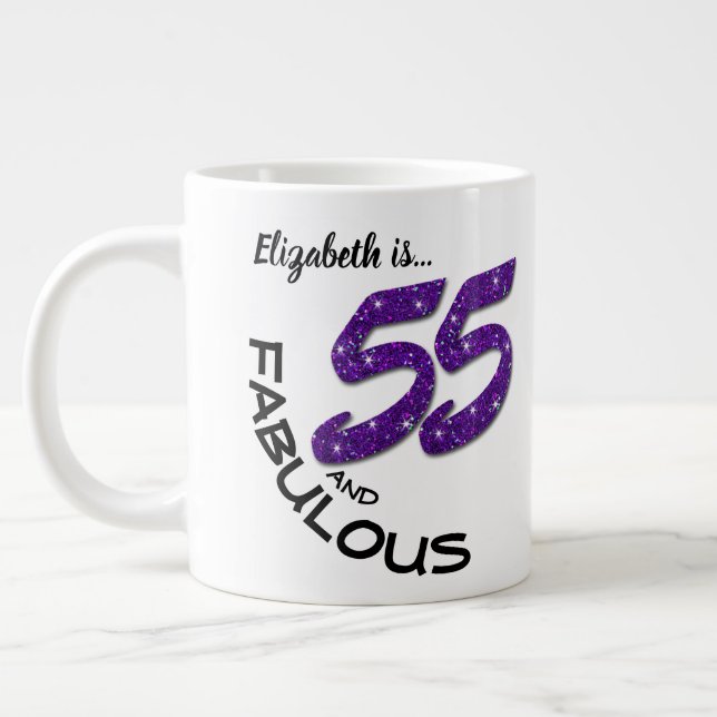 Custom Name Purple Glitter 55 Year-Old Birthday Giant Coffee Mug (Left)