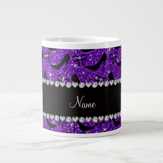Custom name purple glitter black high heels bow giant coffee mug (Front)